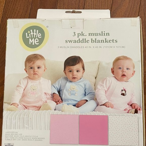 New Little Me Pink and White Infant Baby Girl Muslin Swaddle Blankets 3 pack - Picture 6 of 9